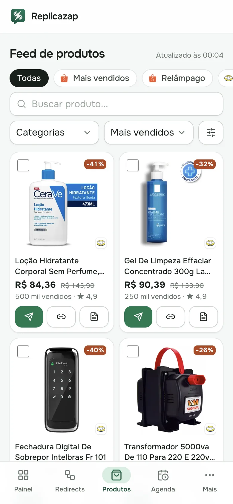 Feed de produtos com todas as ofertas
